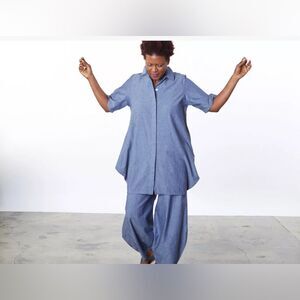 Bryn Walker Oia Blue Chambray Corrado Button Up Denim Shirt XL Lagenlook cotton